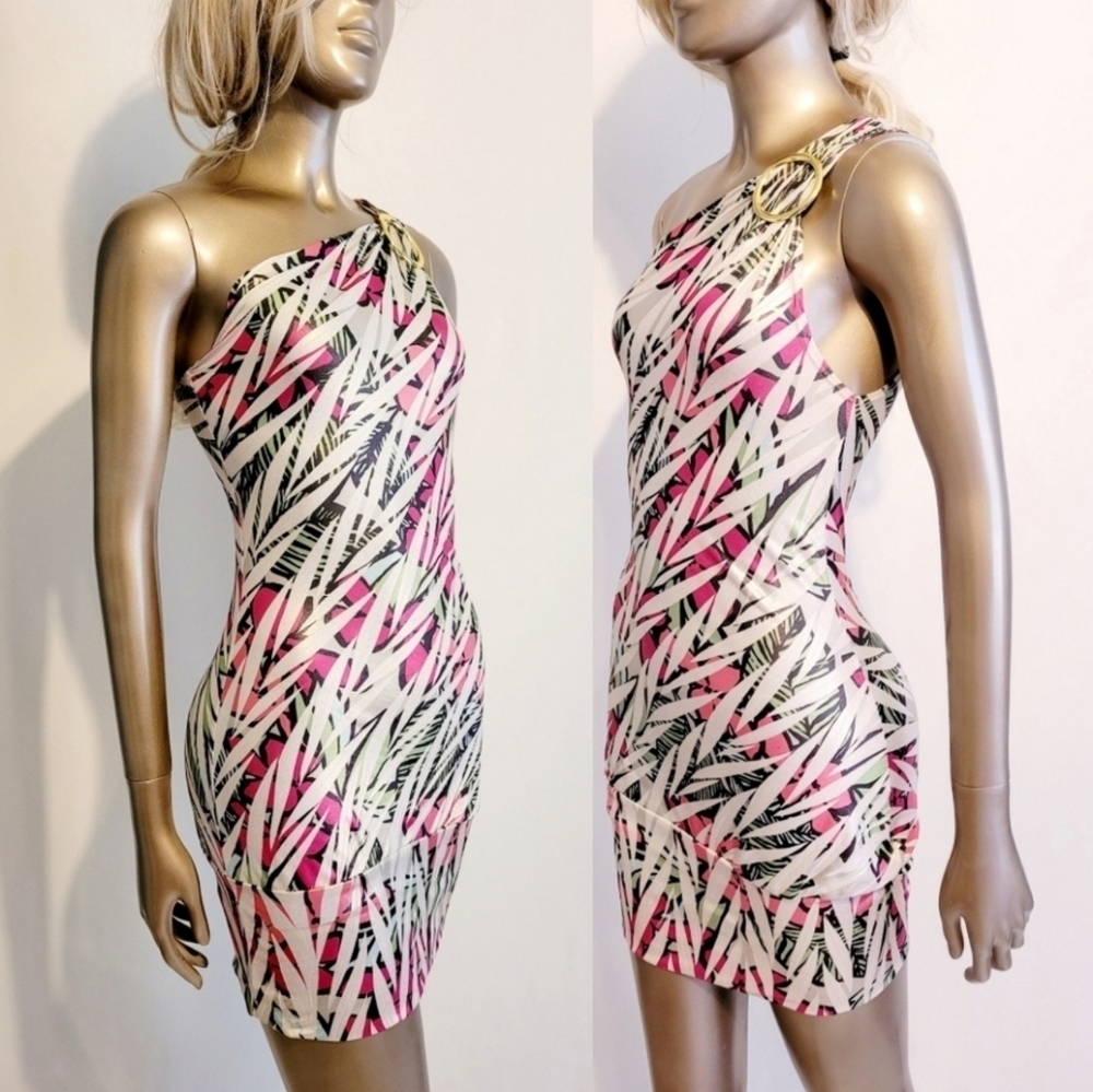 NWOT Metallic Gold Tropical Print One Shoulder Bodycon Mini Dress Sz M